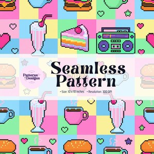 Könnte beinhalten: Ein farbenfrohes Pixel-Art-Muster mit Essen und Musik. Das Design umfasst Burger, Kuchenstücke, Milchshakes, Kaffeetassen und einen Ghettoblaster. Der Text lautet "Seamless Pattern" und die Größe beträgt 25,4 x 25,4 cm.
