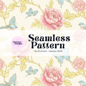 Sömlöst mönster med ros och blåfågel | Digitalt papper med vintageblommor | Rosa pion och fjärilsdesign | Kommersiellt bruk