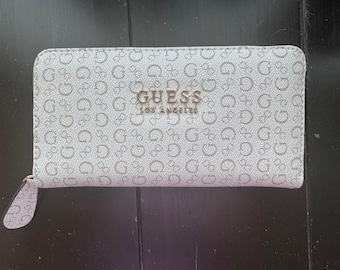 Guess Logo Zip Around Wallet | Neutral Beige Monogram Wallet | Women’s Designer Wristlet | Faux Leather Organizer