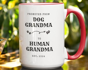 Custom Ceramic Dog Grandma Promoted to Human Grandma Coffee Mug Funny Retro Colored Handle 15oz Cup Gift for New Grandparent Personalized