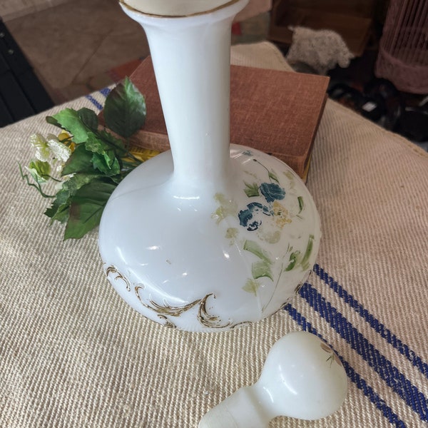Antique Victorian White Milk Glass Decanter Embossed Hand Painted Floral Vase 9”