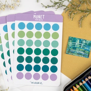 paleta de cores do artista de monet folha de autocolantes | autocolantes estéticos | adesivos foscos com corte de beijo para bujo, planejadores, cartas de amigos por correspondência, álbum de recortes