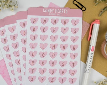 candy hearts hand drawn alphabet sticker sheet | aesthetic stickers | matte kiss cut stickers for bujo, planners, pen pal letters, scrapbook