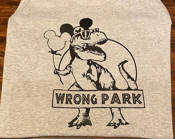 Wrong Park TRex Jurassic Park Dinosaur at Disney Parks Funny Men Unisex Bella Canvas Tank Top Shirt