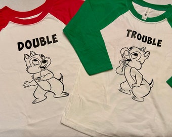 Chip and Dale Double Trouble Chipmunks Matching Raglan Shirts Couples Siblings Matching Twins, All Sizes - Adult Youth Kids Toddler Size