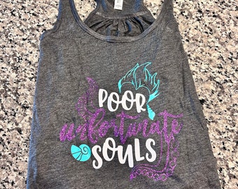 CLEARANCE Poor Unfortunate Souls Disney The Little Mermaid Ursula Quote Song Glitter Women Flowy Bella Canvas Tank Top