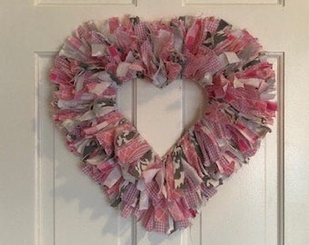 Handmade Fabric Rag Wreath - Pink And Gray Valentine Rag Wreath - Heart Shaped Fabric Rag Wreath Wall Hanging - One Of A Kind Rag Wreath