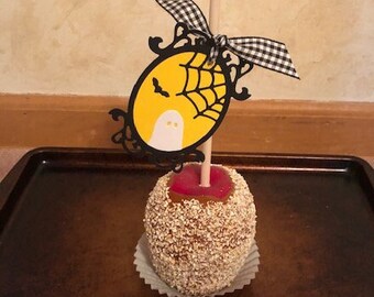 Faux Caramel Apple With Halloween Tag - Handmade Life Size Decorative Faux Caramel Apple - Halloween Caramel Apple With Handmade Ghost Tag