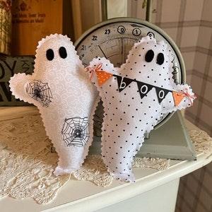 Pair Of Fabric Tiered Tray Halloween Ghosts - Two Fabric Halloween Ghost Bowl Fillers - Coordinating Pair Of Halloween Ghost Decorations
