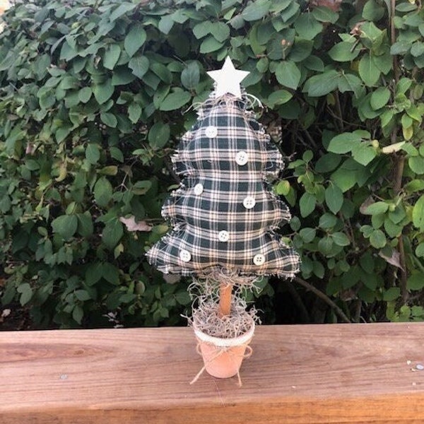 Handmade Green Plaid Fabric Country Style Christmas Tree - One Of A Kind Handmade Fabric Holiday Tree - Plaid Tree With Vintage Buttons