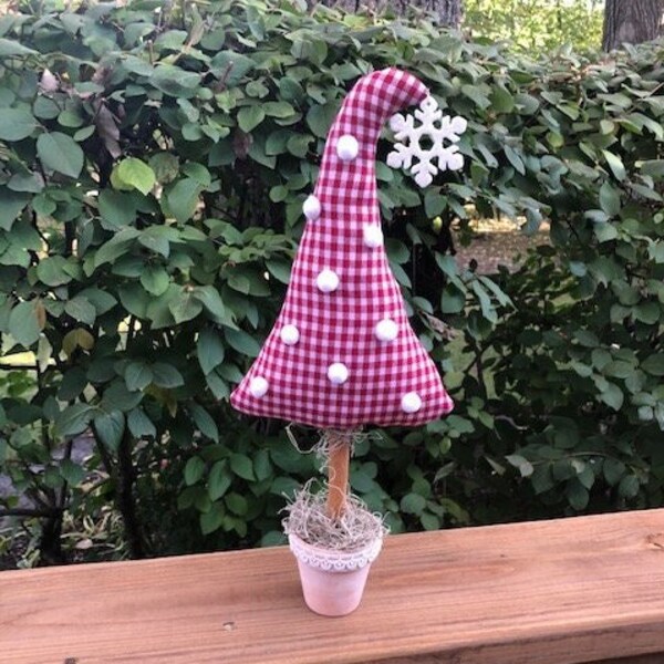 Whimsical Handmade Gingham Checked Fabric Christmas Tree - Red And White Handmade Fabric Holiday Tree With Pom Poms And A Glitter Snowflake