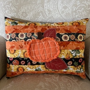 Quilted Fall Pumpkin Throw Pillow - Coordinating Fabric Quilted Pumpkin And Leaf Pillow - Pumpkin Decorative Pillow