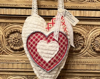 Chenille and Quilted Heart Doorknob Hanger - Chenille Heart Pillow Door Hanger with Valentine Tag, Button and Lace Accents- Valentine Heart