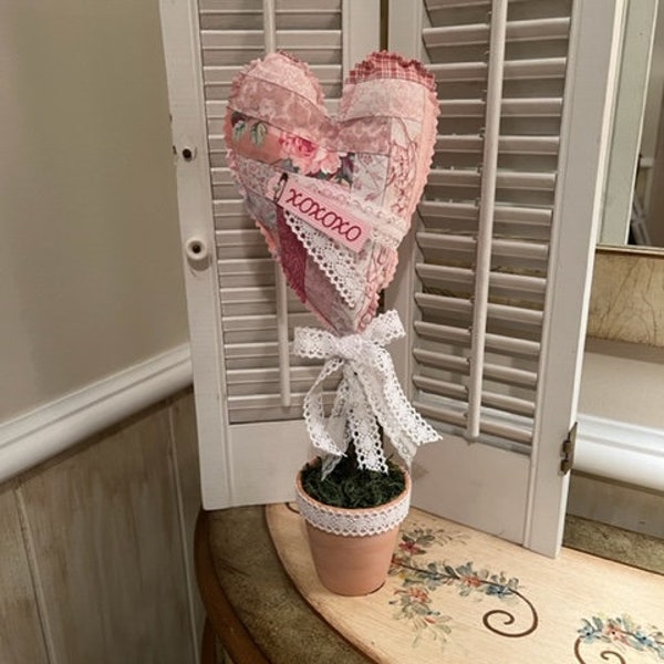 Sewn Fabric Heart Topiary - Stuffed Valentine Patchwork Heart And Lace Topiary - Valentine Heart Topiary In A Clay Pot - Valentine Decor