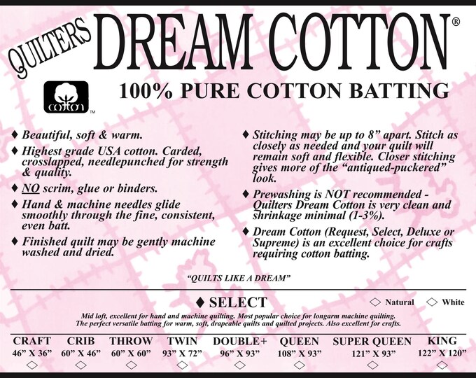 Quilters Dream Cotton Select MidLoft Weight King Size White Color Quilt Batting 122 x 122 Made in the U.S.A.