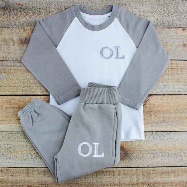 Personalised Grey/White Baby & Toddler Lounge Set | Embroidered Tracksuit, Baby Winter Loungewear | Personalised Loungewear