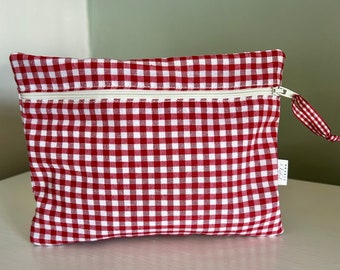 Makeup Bag, Bag Tidy, Red Gingham Geometric Cosmetic Pouch, Zipped Lined Pouch, Handbag Tidy, Pencil Case Unique Style