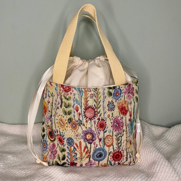Craft Bag, Crochet Knitting Bucket Bag, Lined Bag with Drawstring Fabric Bag, Handmade Handbag, Storage Basket with Handle, Modern Tapestry