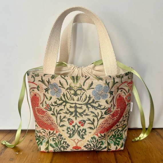 Craft Bag Crochet Knitting Bucket Bag Fabric Lined Bag With Drawstring Handmade Handbag Storage Basket Handle William Morris Tapestry Etsy UK