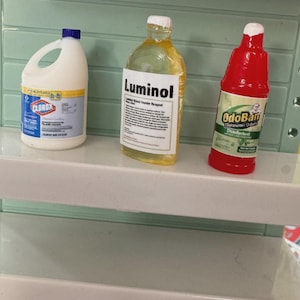 Puede incluir: Tres botellas en un estante. Una jarra de pl&aacute;stico blanco de lej&iacute;a Clorox con tapa y asa azules. Una botella transparente etiquetada "Luminol" con l&iacute;quido amarillo. Una botella roja de desinfectante "OdoBan".