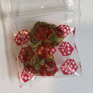 May include: A small, clear plastic resealable bag featuring a repeating pattern of red dice printed on the exterior. Inside the bag are two pieces of dried, textured, brownish-green plant matter. The bag has a standard zip-top closure at the top.