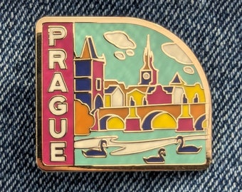 Prague Czechia Travel Pin, Hard Enamel Pin, Flair, Brooch, Lapel, Pins, Alloy, Travel, Golden Metal, Badge, Souvenir
