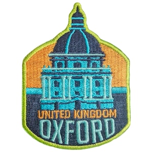 May include: Embroidered patch depicting a teal and navy building with a dome, set against an orange background. The patch reads "UNITED KINGDOM OXFORD" in white lettering, outlined in navy blue. The patch has a green border.