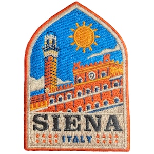 May include: Embroidered patch featuring a detailed illustration of Siena, Italy. The design includes a tall tower, a building with arched windows, and a sun in a blue sky. The word "SIENA" is prominently displayed, with "ITALY" below.