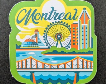 May include: A colorful sticker featuring a Montreal cityscape. The design includes a Ferris wheel, bridge, and buildings, with the word "Montreal" in a stylized font. The sticker has a green border and a yellow and blue color scheme.