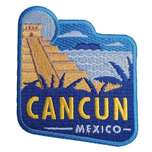 May include: Embroidered patch featuring a Cancun, Mexico design. The patch showcases a yellow pyramid, blue ocean, and the word "CANCUN" in yellow letters. The word "MEXICO" is below the word "CANCUN".