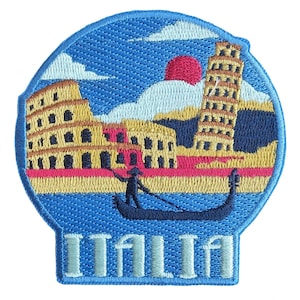 May include: Embroidered patch depicting Italian landmarks: the Colosseum, Leaning Tower of Pisa, and a gondola. The patch is circular with a blue border and the word "ITALIA" at the bottom. The design includes a red sun and blue sky.