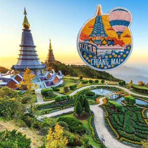 May include: Embroidered patch featuring a colorful illustration of a temple and hot air balloon with the text "CHIANG MAI". The patch is round with a white border and depicts a scenic landscape with a bridge and flowers.