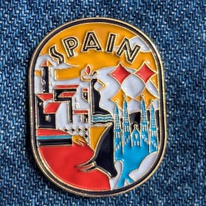 Pin de esmalte de 1,25" de España, insignia de viaje, pin con solapa dorada, bandera de ciudad y país.