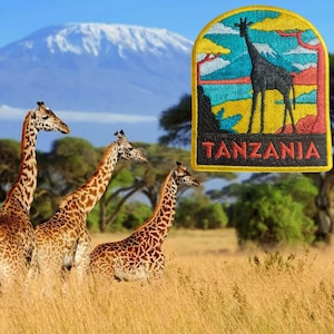 May include: An embroidered patch with a giraffe silhouette and the word "TANZANIA" against a colorful landscape. Three giraffes graze in a grassy field, with a mountain in the background.