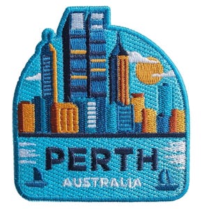 Perth, Australia. Parche de viaje bordado de 7,6 cm (3") para planchar o coser. Insignia de recuerdo. Bandera de la ciudad. País.