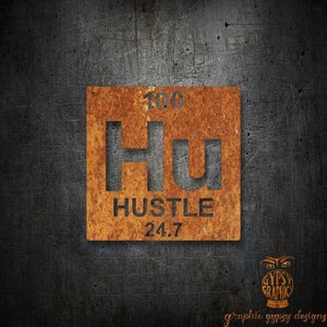May include: A rusty metal sign with a chemical element design. The element is labelled "Hu" for "Hustle" with the atomic number "100" and the atomic weight "24.7".