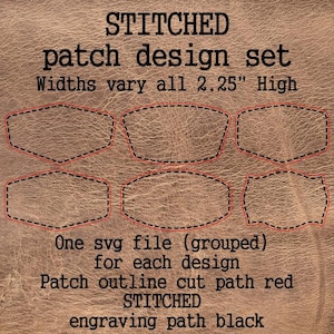 May include: A set of six stitched patch design outlines in various shapes, with a height of 2.25 inches. The designs are outlined in red with a black dashed line, set against a textured brown background. Text includes "STITCHED" and "patch design set."
