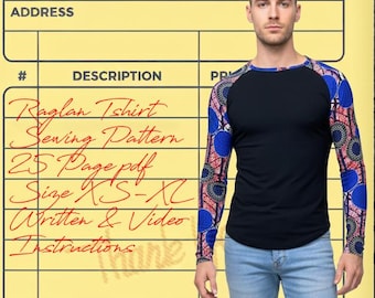 Raglan Tshirt PDF Sewing Pattern | Baseball Tee PDF Sewing Pattern | Contrast Sleeve PDF Sewing Pattern | Mens Tshirt Sewing Pattern