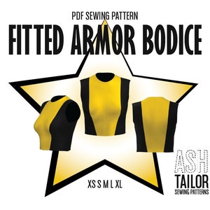 May include: PDF sewing pattern for a fitted armor bodice. The pattern includes three different views of the bodice, showing the front, back, and side. The bodice is yellow with black accents. The pattern is available in sizes XS, S, M, L, and XL.