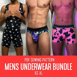 Könnte beinhalten: PDF-Schnittmuster für ein Herren-Unterwäsche-Set. Das Set enthält drei verschiedene Stile: ein einteiliges Unterhemd mit schwarzem und weißem Sternenmuster, einen schwarzen Slip mit neon-grünem Wirbelmuster und einen pinkfarbenen Boxer mit Kuhmuster in Schwarz. Das Schnittmuster ist in den Größen XS-XL erhältlich.