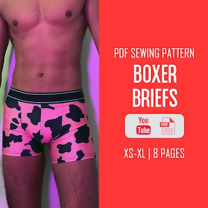 Pode incluir: Padrão de costura PDF para cuecas boxer. O padrão inclui os tamanhos XS-XL e tem 8 páginas. A imagem mostra uma pessoa usando cuecas boxer rosa com estampa de vaca em preto e branco.