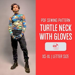 Może przedstawiać: Wzór szycia PDF na golf z rękawami. Wzór obejmuje rozmiary XS-XL i jest w formacie listowym. Obraz przedstawia osobę noszącą kolorowy golf z dopasowanymi rękawicami.