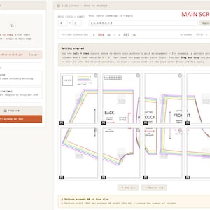 May include: A webpage layout for a sewing pattern, with options for uploading a PDF and adjusting the grid. The main screen displays pattern dimensions of 34.0 x 21.9 inches. The layout includes options for margin removal and PDF generation.