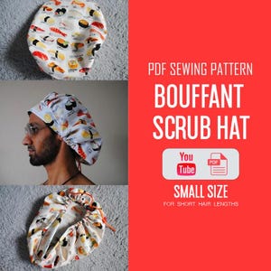 Small Size Bouffant Scrub Hat With Adjustable Cord Sewing Pattern, Nurse Head Cover Sewing Pattern, scrub cap with room for hair