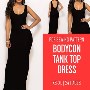 Puede incluir: Un patrón de costura PDF para un vestido negro de tirantes ajustado. El patrón incluye las tallas XS-XL y tiene 24 páginas. El patrón se muestra en una modelo que lleva el vestido.