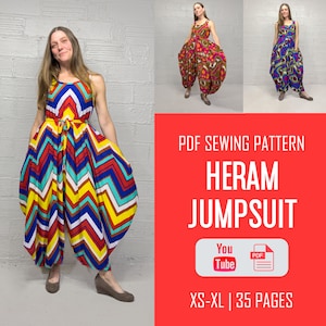 May include: PDF sewing pattern for a Heram Jumpsuit. The pattern includes 35 pages and is available in sizes XS-XL. The image shows a model wearing a colorful jumpsuit with a chevron pattern.