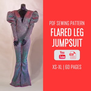 Flared Leg Jumpsuit Sewing Pattern With Gigot Sleeve | Puffy Sleeve Jumpsuit | Drag Queen Costumes Sewing Pattern | Halloween Sewing Pattern