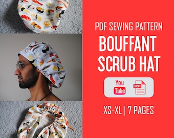 Bouffant Scrub Hat With Adjustable Cord Sewing Pattern, Nurse Head Cover Sewing Pattern, scrub cap with room for hair