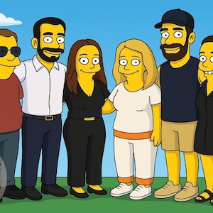 Op de afbeelding: Een cartoon-achtige illustratie van zes mensen in een groep, arm in arm. De personages hebben een gele huid, zwart haar en dragen vrijetijdskleding. De achtergrond is een blauwe lucht met witte wolken en groen gras. De stijl doet denken aan een cartoon.