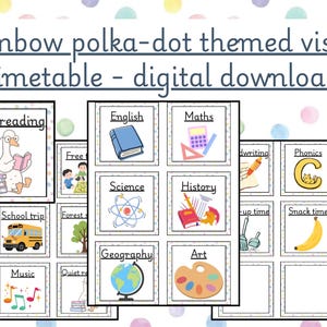 Puede incluir: Un horario visual descargable con temática de lunares arcoíris, que presenta múltiples tarjetas cuadradas con ilustraciones y etiquetas de texto para materias escolares como inglés, matemáticas, ciencias, historia, geografía, arte y fonética.
